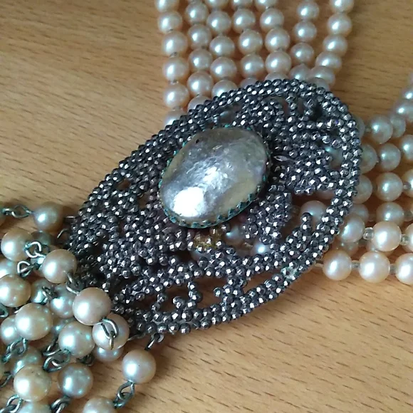 RARE SANDOR 7-Layer Glass Pearl Choker w L W PARIS Cut Steel Slide Buckle - Picture 8 of 16